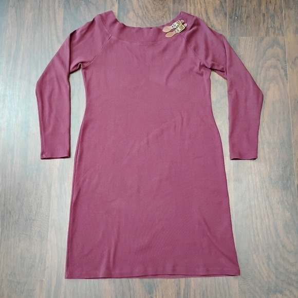 Lauren Ralph Lauren Burgundy Long Sleeve Pencil Dress With Leather Buckle Large - Picture 4 of 9